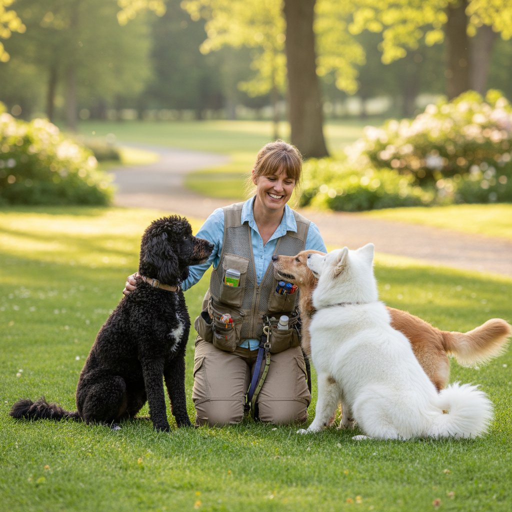 Professional dog walker with multiple dogs in London park