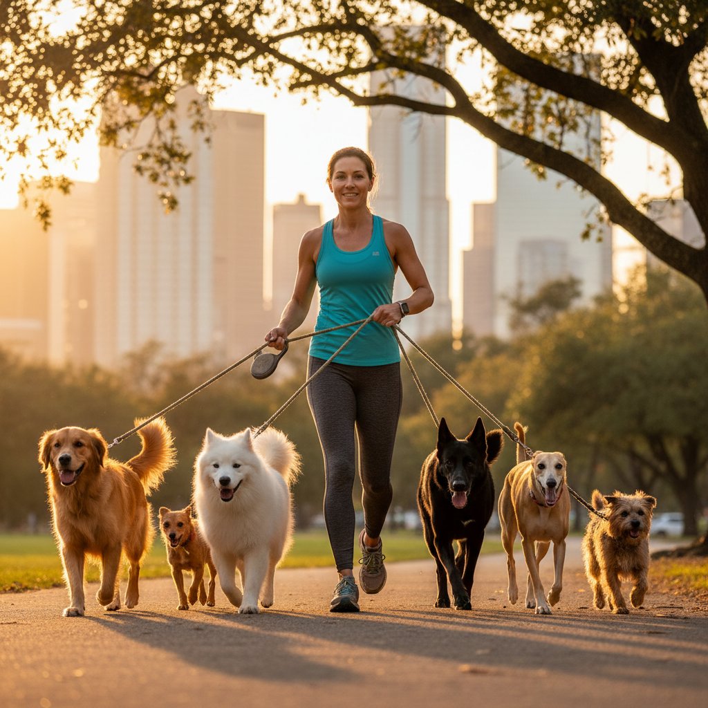 Professional dog walker with happy dogs in London park